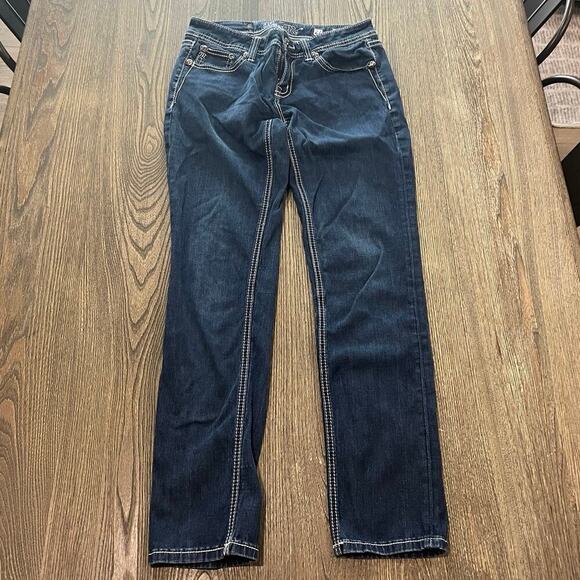 Miss Me Easy Skinny Jeans Mid Rise Embroidered Rhinestone Dark Wash Blue Size 27 - Picture 1 of 12